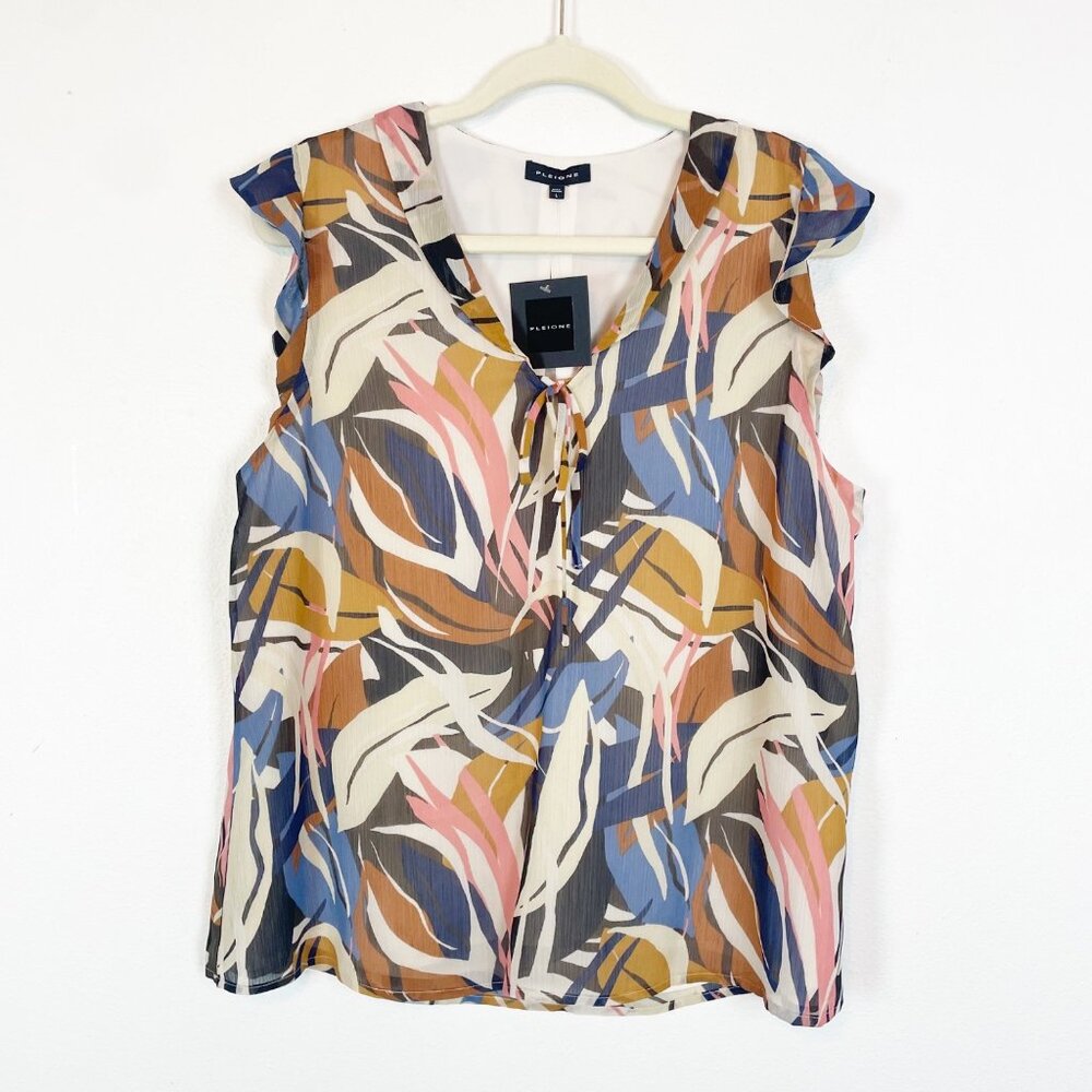 NWT Pleione Women's L Colorful Tropical‎ Leaf Print Sleeveless Ruffle Blouse Top